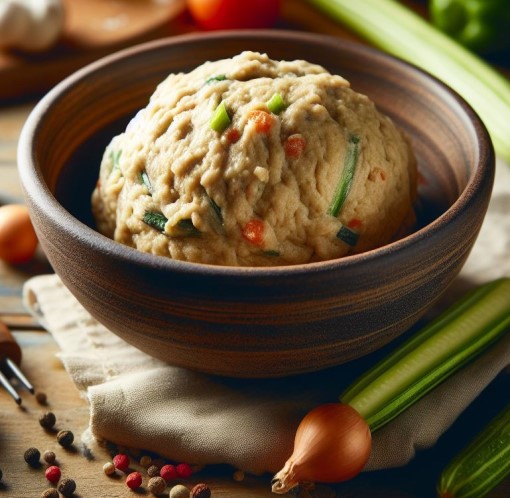 Masa de albóndigas vegetarianas con verduras de fondo y en un bol